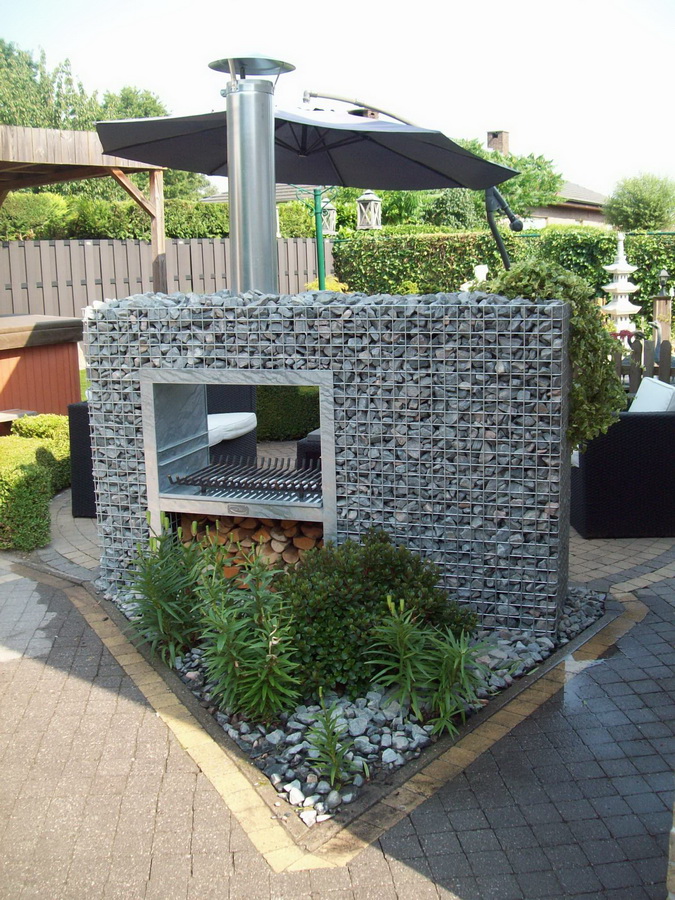Gabionen Grill rund mit Basaltsteinen