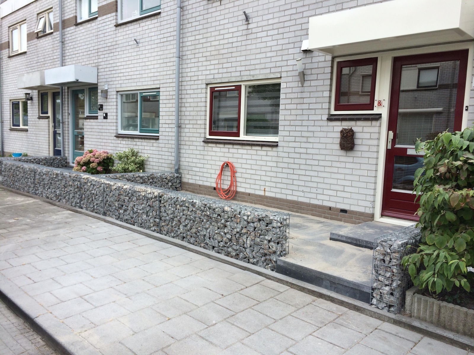 Begrünte Gabionenwand mit Pflanzrand im Vorgarten